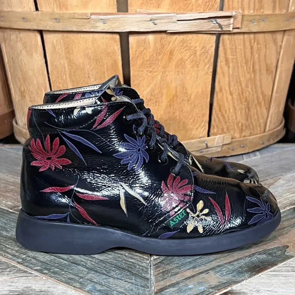 Aster Black Patent Leather Floral Flowers Multicolor Lace-Up Boots Youth EU 29